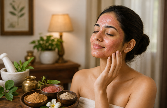 An Ayurvedic skin and hair care treatment in progress