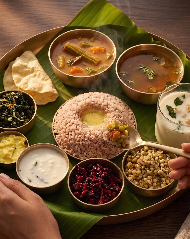 A freshly prepared Ayurvedic meal of vegetables, fruit and herbs