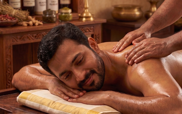 Therapists performing a full-body warm oil massage